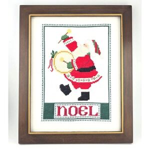 Vintage Framed Needlepoint Santa Noel Christmas Holiday  Wall Art wood brass